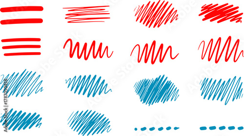 colorful hand-drawn scribble marker pen set in red and blue, featuring wavy lines, hatched textures, strokes, and dashed design elements
