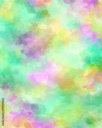 Vibrant abstract watercolor background with blend of green, purple, yellow, and pink hues creates dreamy and artistic atmosphere. soft, fluid brushstrokes evoke sense of calm and creativity