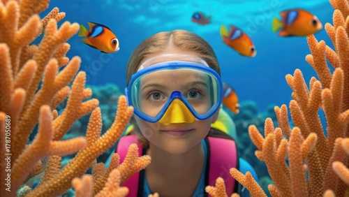 A young girl in snorkeling gear explores a vibrant coral reef, surrounded by colorful fish in clear blue water.