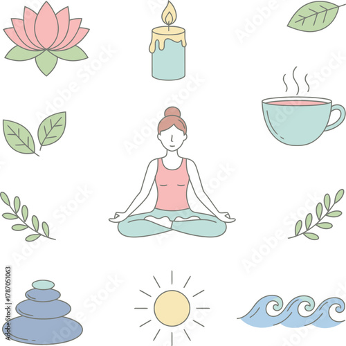 Mindful moments and peaceful wellness icons set, perfect for relaxation and spiritual well-being projects and lifestyle