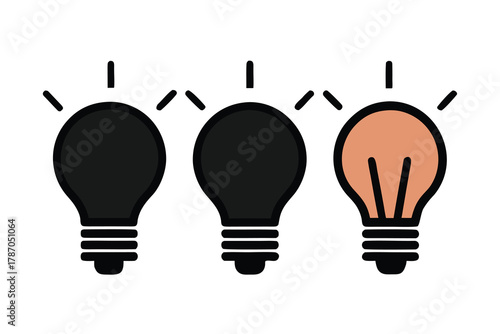 Two unlit bulbs stand beside one illuminated bulb; background is transparent