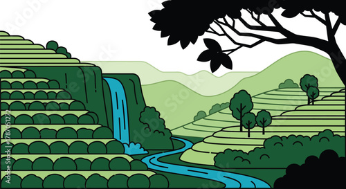 Stunning rice terraces and waterfall landscape with winding road