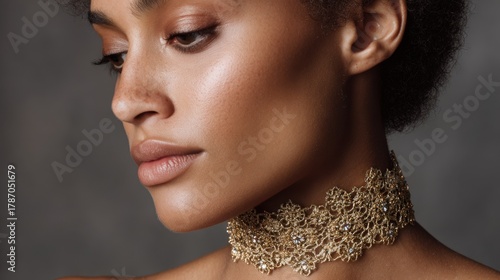 Elegant lace choker adorned with intricate gold details and sparkling gemstones, captured in soft studio lighting for luxury fashion, jewelry branding, and glamorous editorial photography visuals