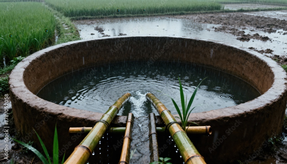 custom made wallpaper toronto digitalTranquil Water Feature: A serene scene featuring a traditional water feature with bamboo elements, harmoniously integrated into a landscape. Water flows gently. 