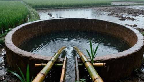 Wallpaper Mural Tranquil Water Feature: A serene scene featuring a traditional water feature with bamboo elements, harmoniously integrated into a landscape. Water flows gently.  Torontodigital.ca