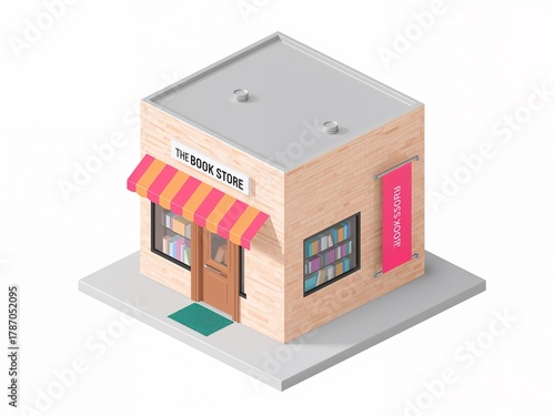 Isometric 3D icon of a small, cute book store building with an awning, isolated on a white background.
