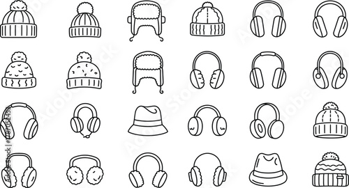 Variety of winter hats and earmuffs in hand-drawn style for warmth