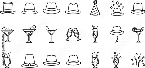 Collection of party icons, featuring hats, cocktails, and confetti for celebrations