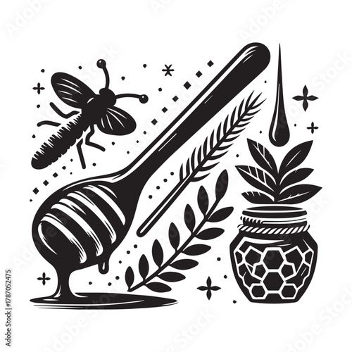 "Honey Bee Art: Natural Honey Dripper Illustration"