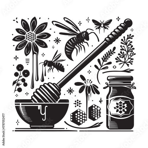 "Honey Bee Art: Natural Honey Dripper Illustration"