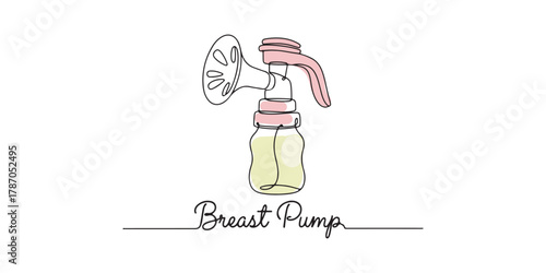 Minimalist vector of a manual breast pump featuring a suction cup, Includes elegant cursive “Breast Pump” text, breastfeeding awareness campaigns, baby care marketing visuals