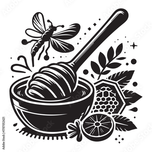 "Honey Bee Art: Natural Honey Dripper Illustration"