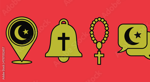 Promote religious tolerance with diverse faith symbol icons on red
