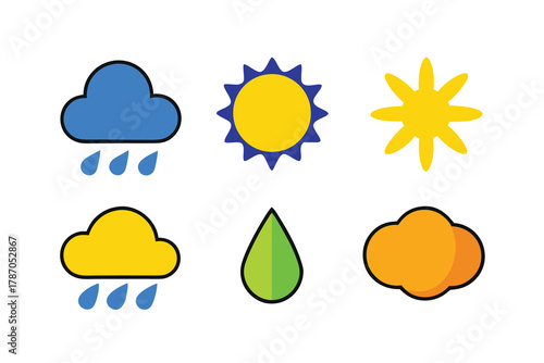 Vivid cartoon weather icons showcase sunshine, rain, and clouds on a clean background