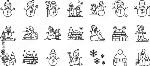 Collection of hand-drawn snowman icons vector line art illustration