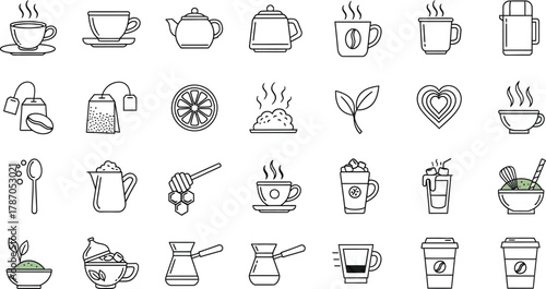 Collection of hand-drawn tea and coffee icons vector line art illustration