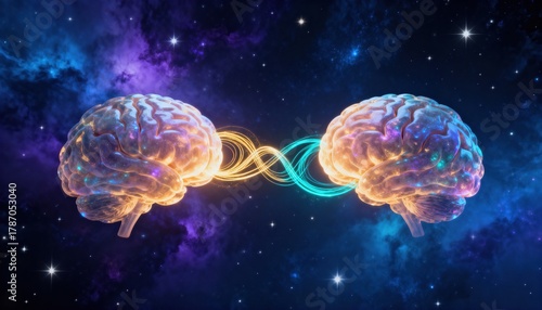 Interconnected Minds: Two luminous brains are intricately linked, symbolizing the boundless potential of human cognition and the synergy of thoughts and ideas, set against a backdrop of the cosmos.
