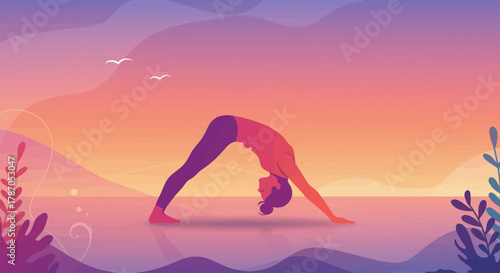Woman practicing downward dog yoga pose at sunset illustration with calm colors and peaceful scene