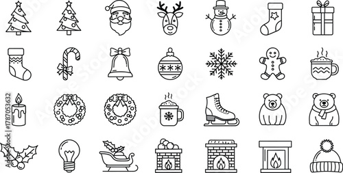 Hand-drawn Christmas icons in doodle style for coloring books and design