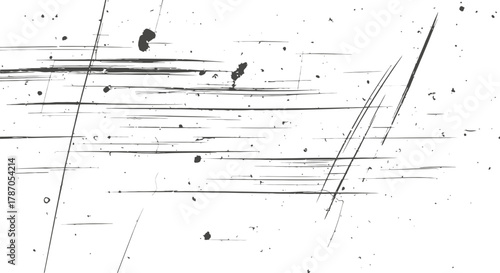 Monochrome vector grunge texture overlay with distressed horizontal scratches dust particles and ink splatter elements