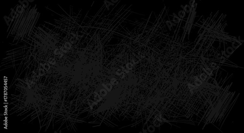 Dark grunge texture vector overlay with chaotic hand-drawn scribble lines on black background