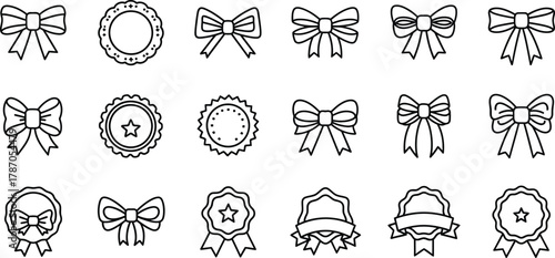 Collection of decorative bows and badges icons, perfect for gifts and celebrations