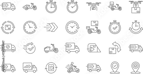 Collection of delivery and shipping icons, representing fast and efficient service