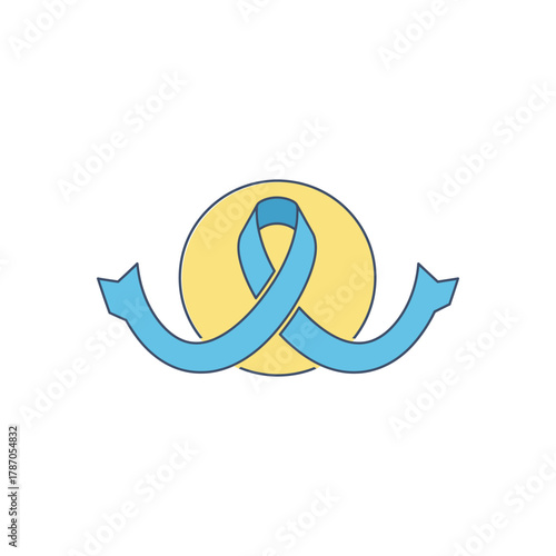 Light blue ribbon symbolizing diabetes awareness wraps around yellow circle, promoting health and support for those affected by the disease.