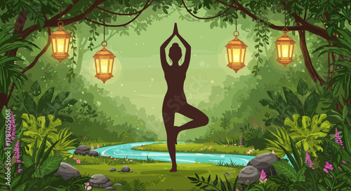 A tranquil silhouette in a tree yoga pose, finding balance and harmony within a magical jungle sanctuary illustration