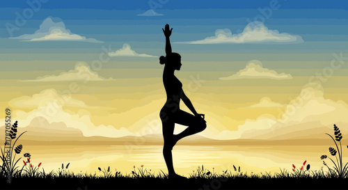 Silhouette of a woman performing yoga tree pose at sunset with a serene natural backdrop and gentle clouds in the sky