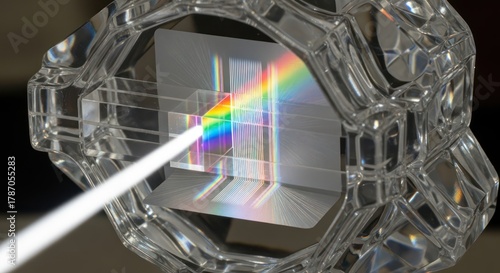 Beam of light refracting through optical crystal prism producing spectral colors illustration