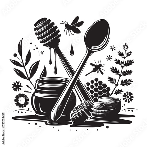 "Bee and Honey Dripper Vector Graphic for Logo & Packaging"