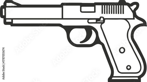 Black and white semi-automatic handgun vector illustration with stylized outline, firearm schematic, pistol silhouette, safety training, weapon design art