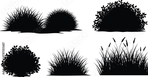Black bush and grass silhouettes set isolated on white background for botanical, landscaping, nature, garden, outdoor, and decorative design use