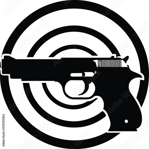Black Silhouette Handgun Over Target Circles Vector Illustration for Shooting Sports, Firearm Safety, Gun Control, and Weapon Awareness Themes