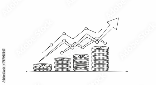 Doodle sketch of rising coin stacks with an upward trending arrow graph.