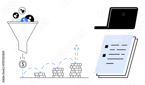 Sales funnel filtering customer leads into revenue coins accompanied by rising profit stacks, a laptop, and reports. Ideal for marketing, sales, conversions, analytics, strategy, planning simple