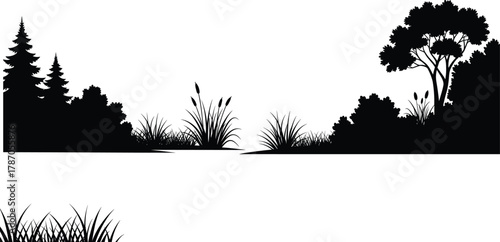 Black silhouette landscape with trees, grass, cattails, bushes, and natural foliage for nature, forest, outdoor, and botanical themes