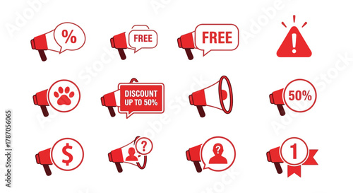 Boost sales with these vibrant discount megaphone icons for marketing