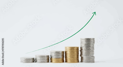 Stacks of coins showing financial growth with an upward trending arrow.