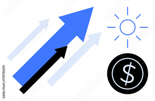 Blue and black upward arrows, sun icon, and dollar sign symbolizing success, growth, financial progress, and innovation. Ideal for business, strategy, development economics investment achievement