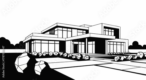 Modern architectural design of a luxurious contemporary house with large windows.