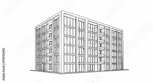 Architectural Sketch of a Modern Multi-Story Building with Many Windows.