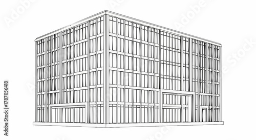 Modern Glass Office Building Facade Architectural Sketch.