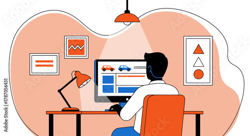 Person searching for new or used cars online in a modern workspace