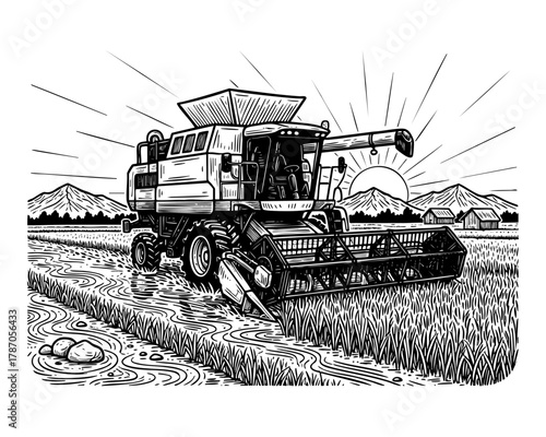 Combine Harvester in Rice Field – Black and White Minimal Agricultural Illustration