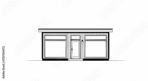 Front View of a Small Commercial Building with Large Windows and Central Door.