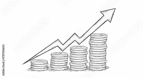 Sketch of Increasing Coin Stacks with Upward Arrow.
