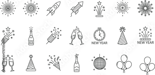 Happy New Year doodle vector set of hand-drawn party and celebration elements.