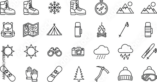 Set of hiking and camping equipment in adventure and travel outline style
